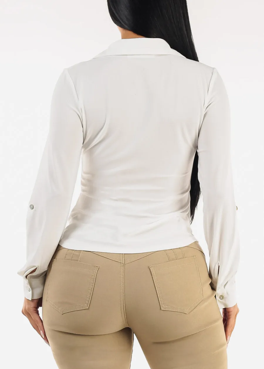 Stretchy Long Sleeve Button Up Ruched Collared Blouse Off White sold by Moda product image thumbnail 4