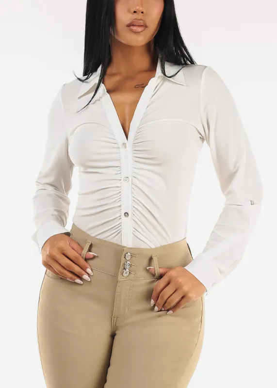 Stretchy Long Sleeve Button Up Ruched Collared Blouse Off White sold by Moda