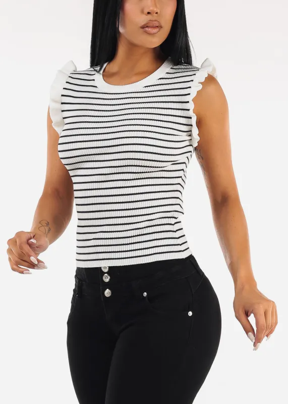 Ruffle Sleeves Stripe Stretch Sweater Ivory sold by Moda