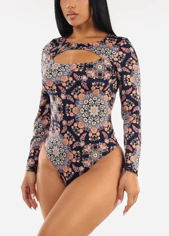 Long Sleeve Floral Stretch Thong Bodysuit Navy sold by Moda