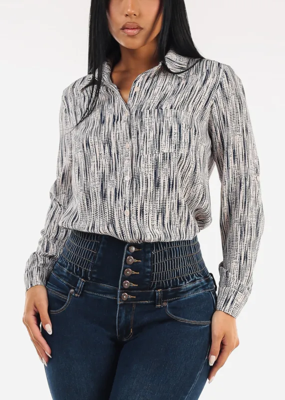 Long Sleeve Button Down Printed Collared Blouse Navy sold by Moda