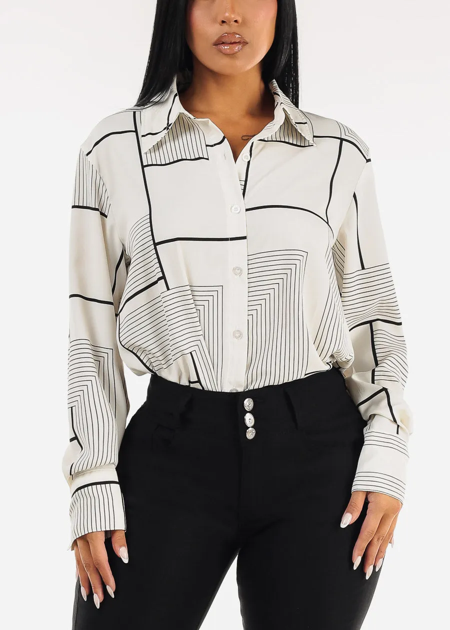 Long Sleeve Printed Collared Blouse Cream sold by Moda