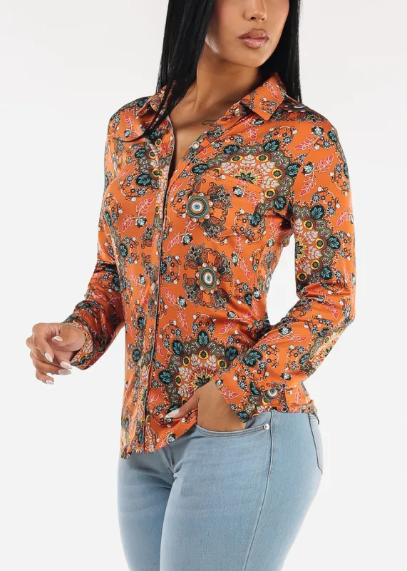 Stretchy Long Sleeve Floral Button Up Collared Blouse Rust sold by Moda