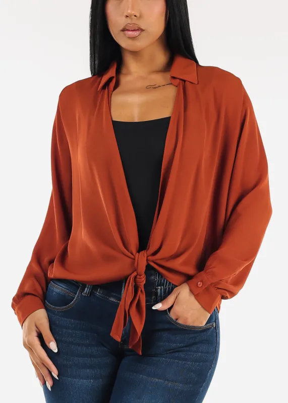 Long Sleeve Tie Front Lightweight Cardigan Rust sold by Moda