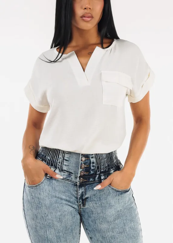 Cuff Short Sleeve Vneck Blouse Cream sold by Moda