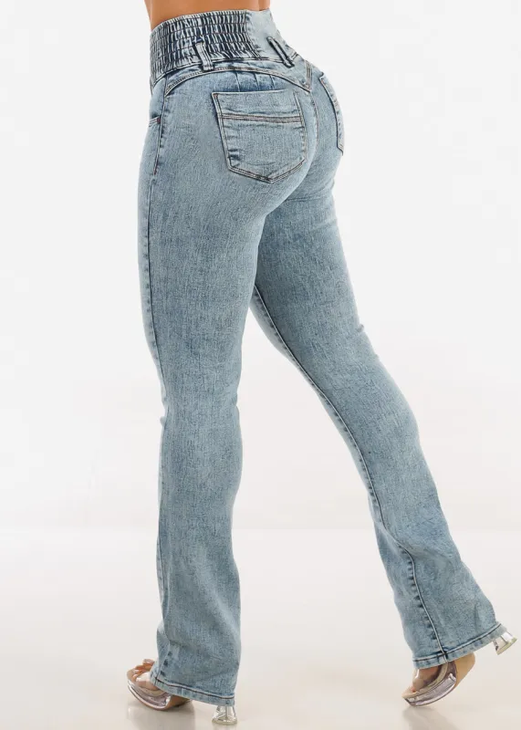 MX JEANS Butt Lift 3 Button Spandex Waist Bootcut Jeans Acid Wash sold by Moda