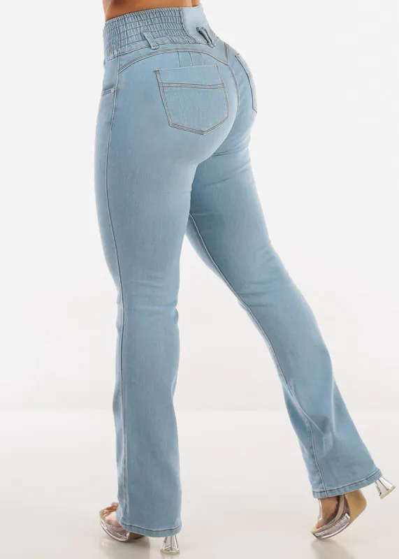 MX JEANS Butt Lift 3 Button Spandex Waist Bootcut Jeans Light Wash sold by Moda