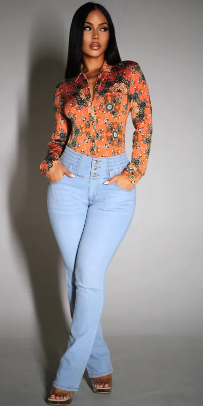 Floral Butt Lift Bootcut Denim Outfit sold by Moda