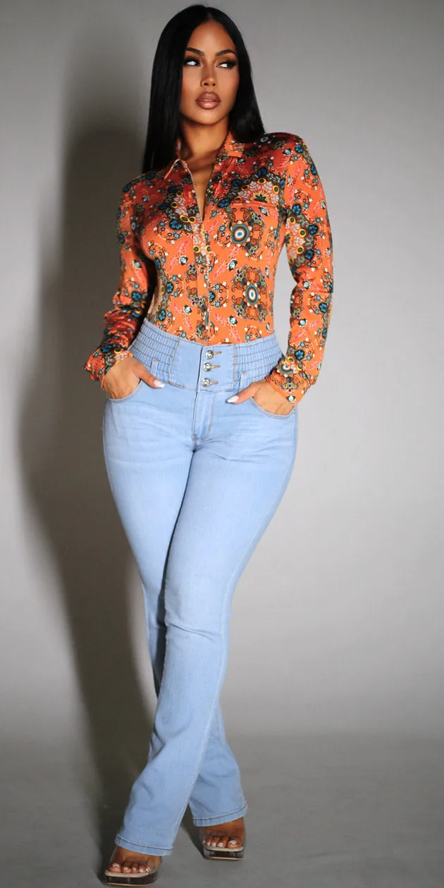 Floral Butt Lift Bootcut Denim Outfit sold by Moda