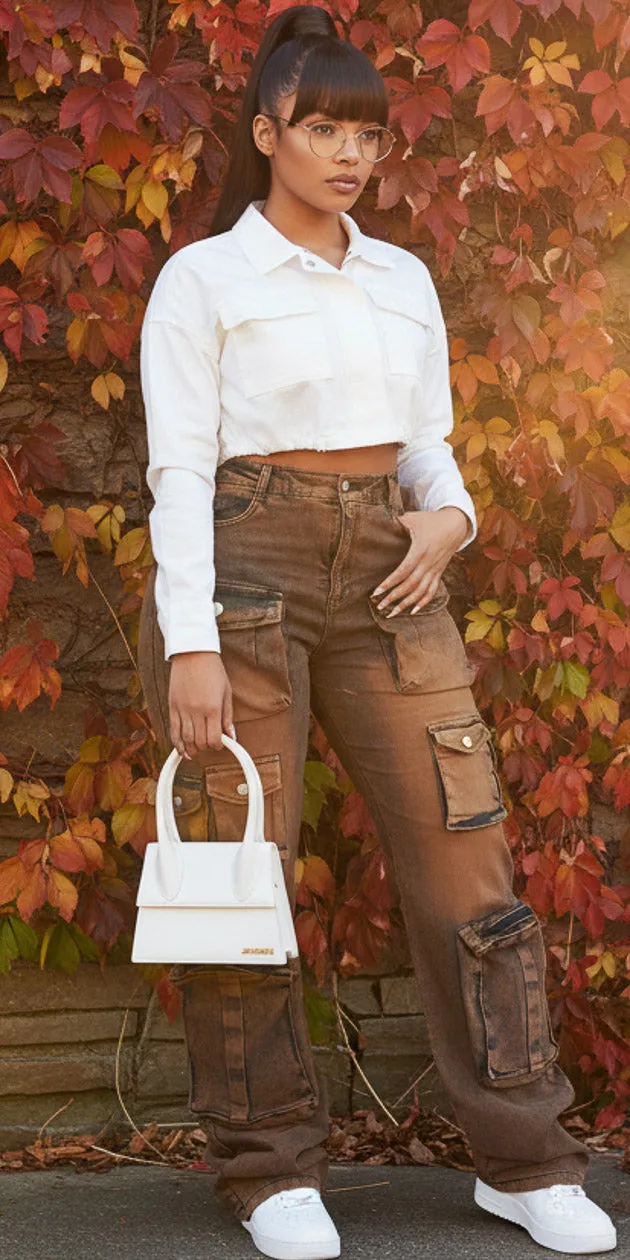Cropped Jacket & Cargo Jeans Combo sold by Moda