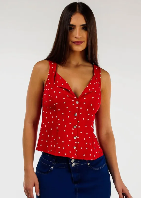 Sleeveless Button Down Red Polka Dot Top sold by Moda
