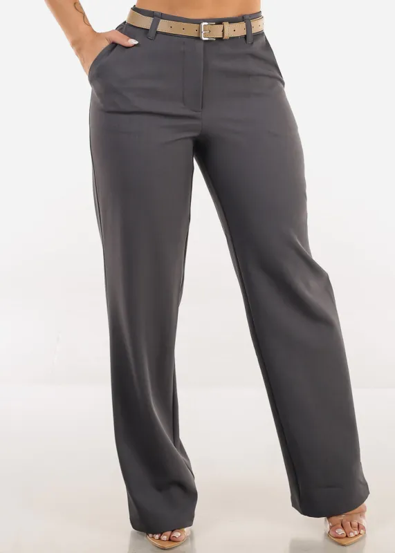 High Waist Wide Leg Dress Pants Charcoal with Belt sold by Moda