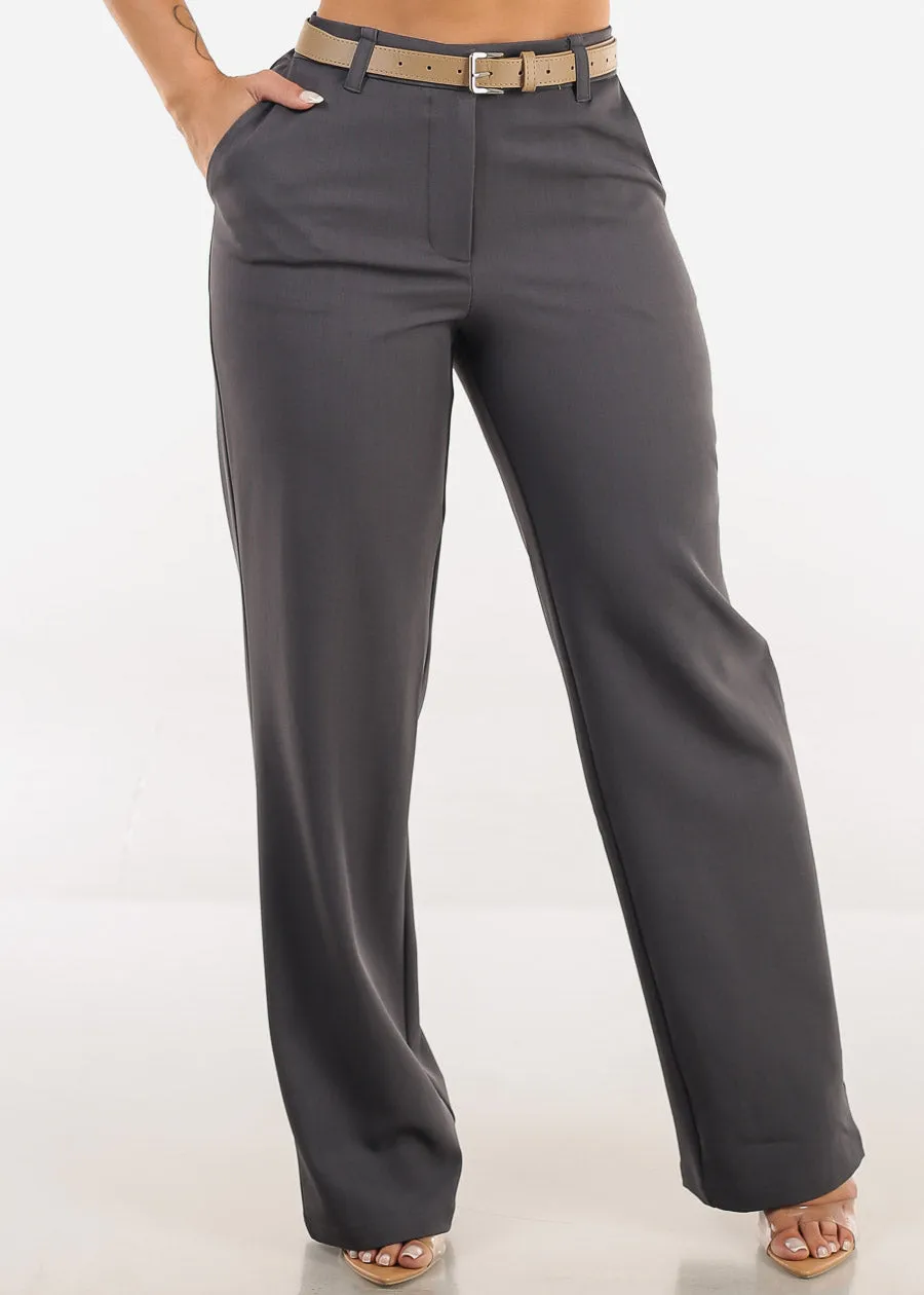 High Waist Wide Leg Dress Pants Charcoal with Belt sold by Moda