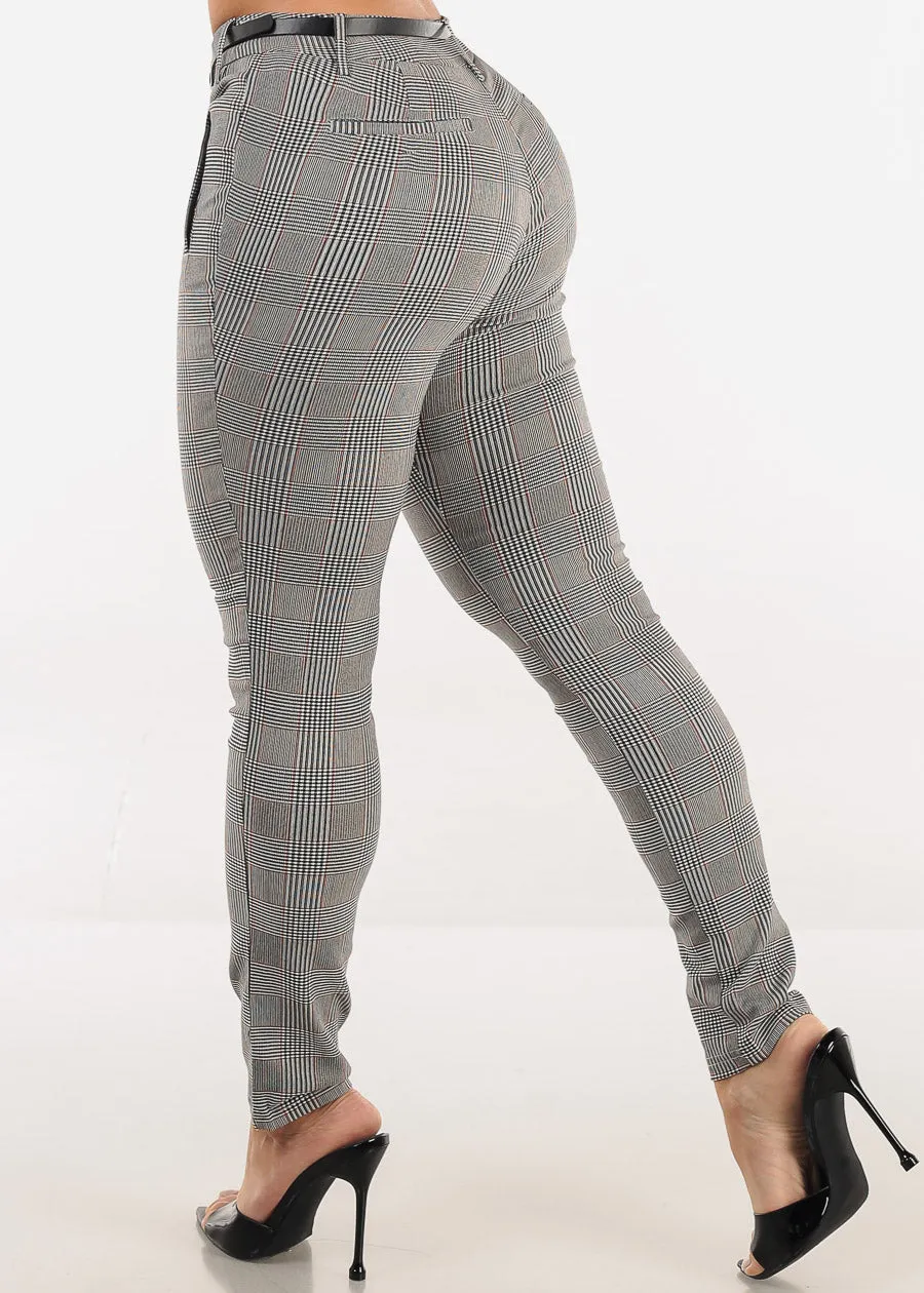Butt lift Mid Rise Plaid Stretch Skinny Pants Brown w Belt sold by Moda product image thumbnail 5