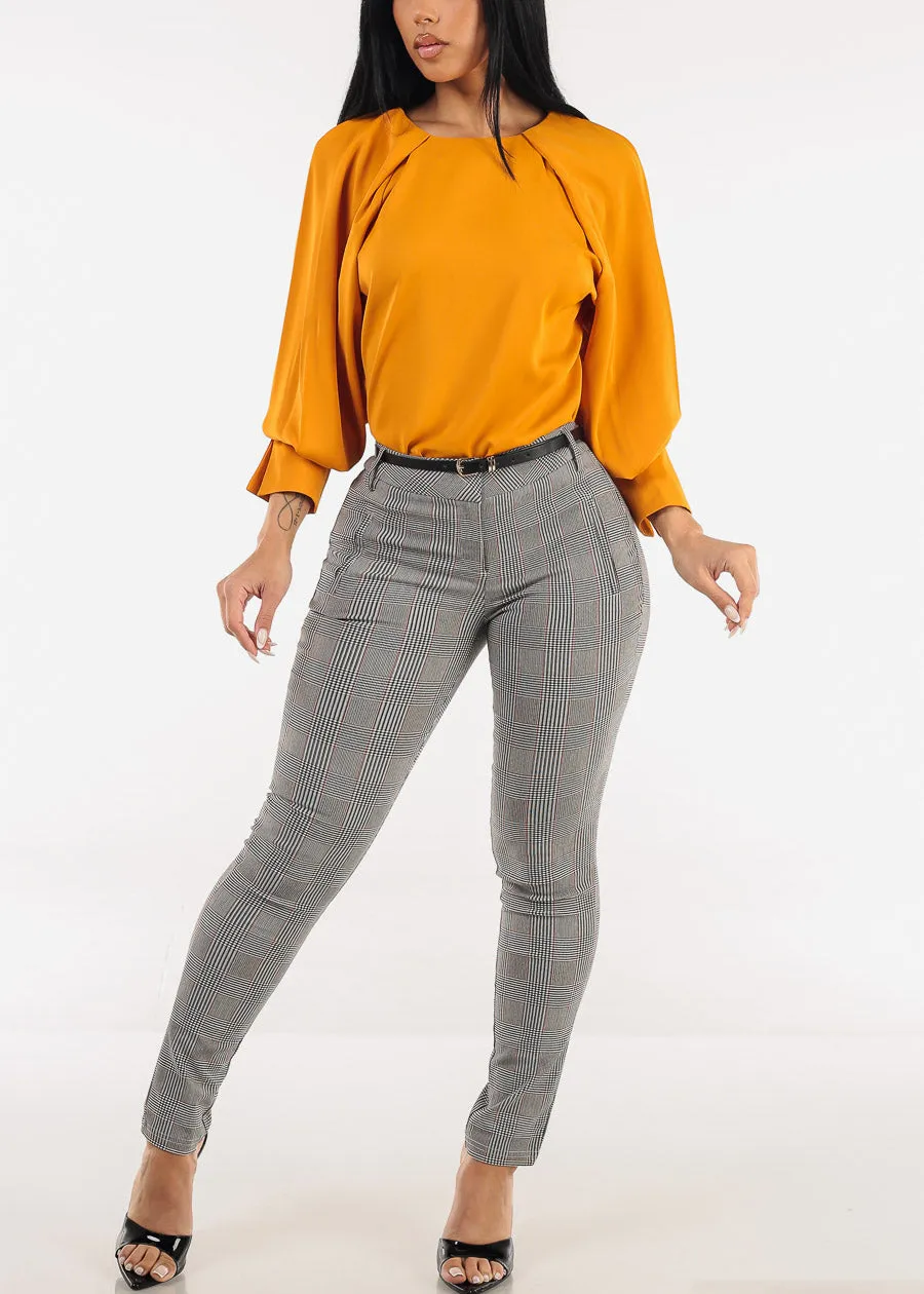 Butt lift Mid Rise Plaid Stretch Skinny Pants Brown w Belt sold by Moda product image thumbnail 2