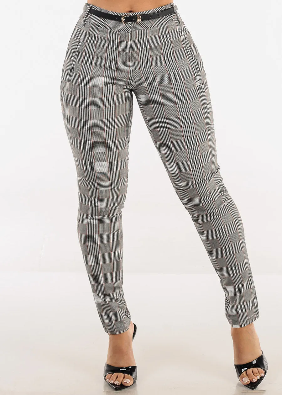 Butt lift Mid Rise Plaid Stretch Skinny Pants Brown w Belt sold by Moda product image thumbnail 3