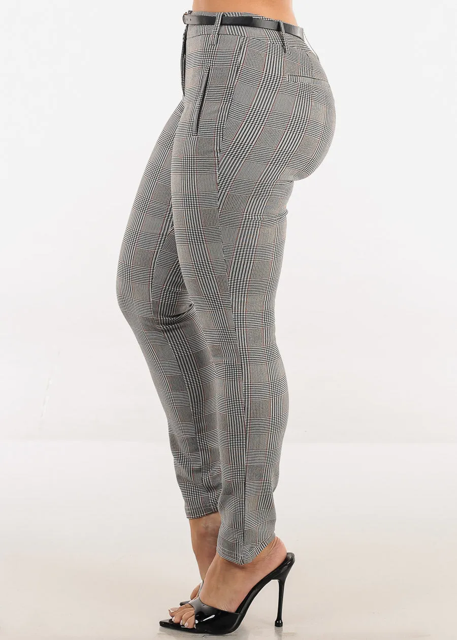 Butt lift Mid Rise Plaid Stretch Skinny Pants Brown w Belt sold by Moda product image thumbnail 4
