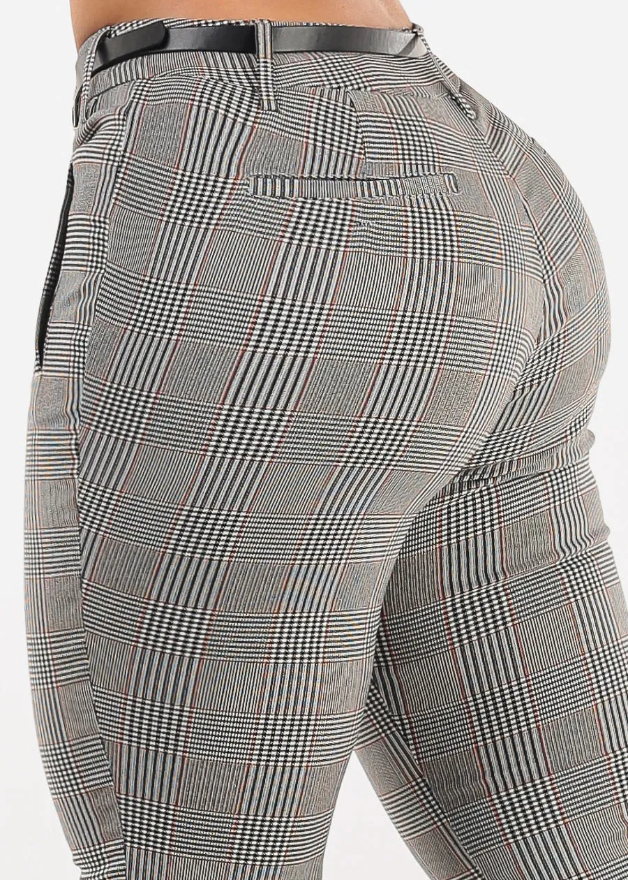 Butt lift Mid Rise Plaid Stretch Skinny Pants Brown w Belt sold by Moda