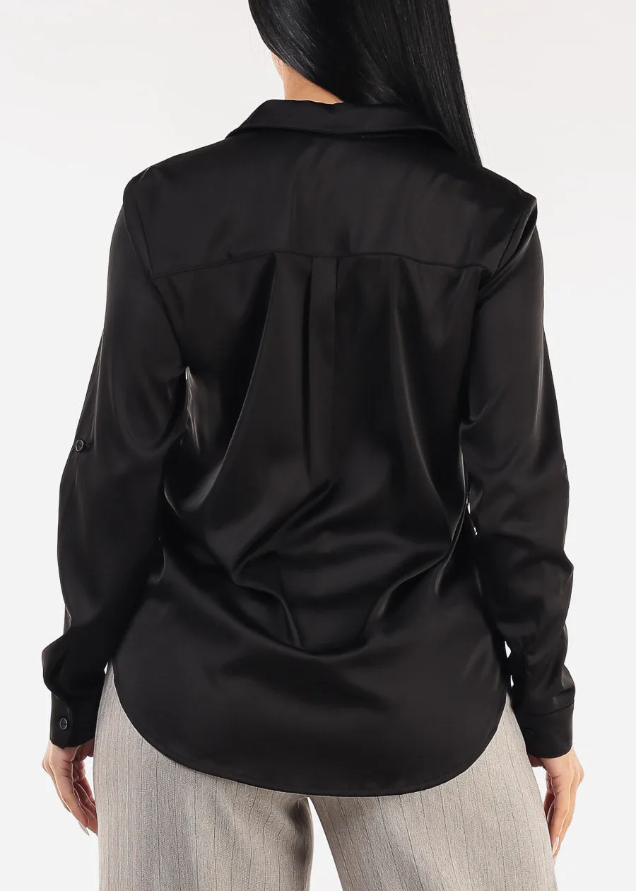 Long Sleeve Button Down Stretch Satin Blouse Black sold by Moda product image thumbnail 5