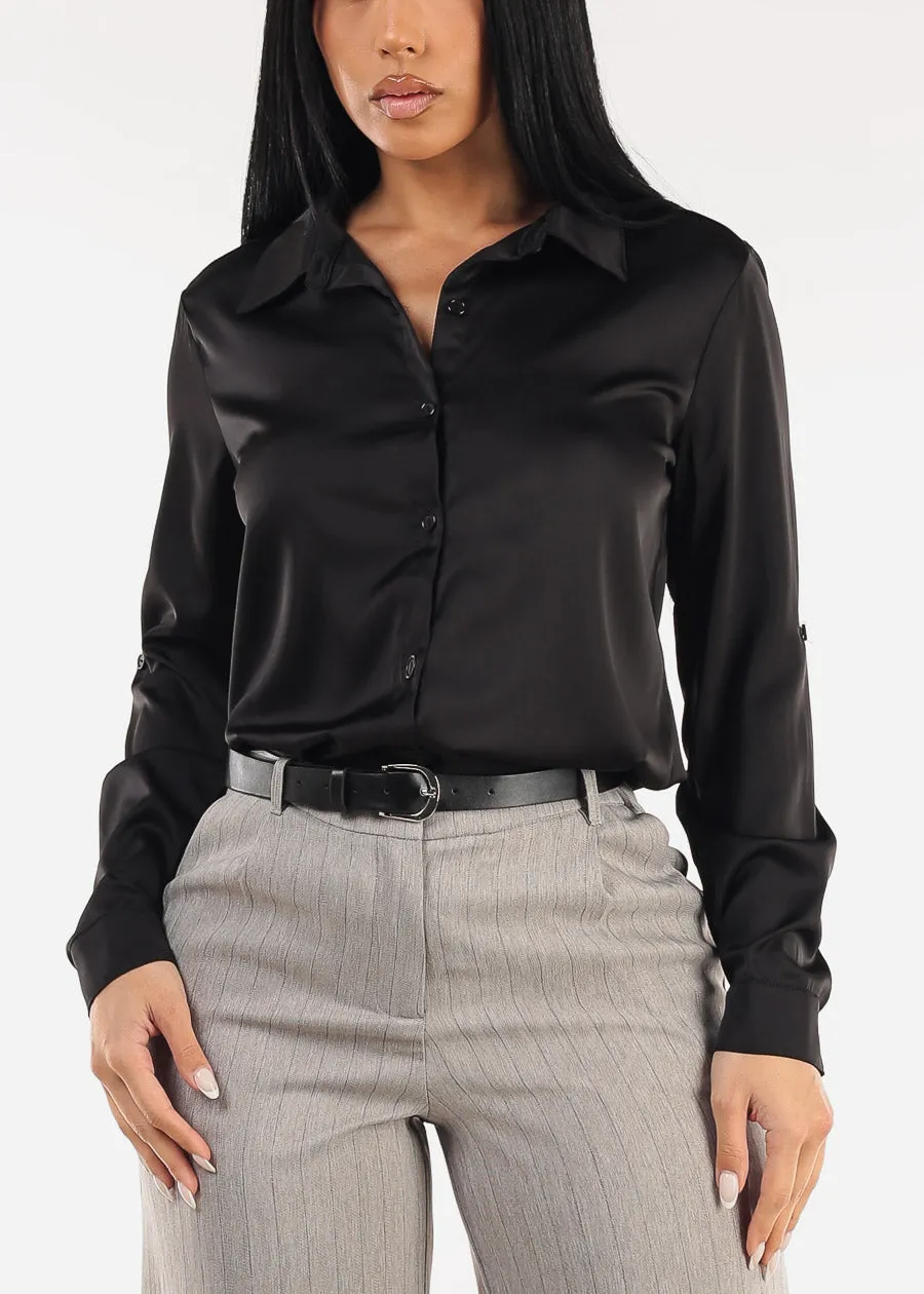 Long Sleeve Button Down Stretch Satin Blouse Black sold by Moda product image thumbnail 3