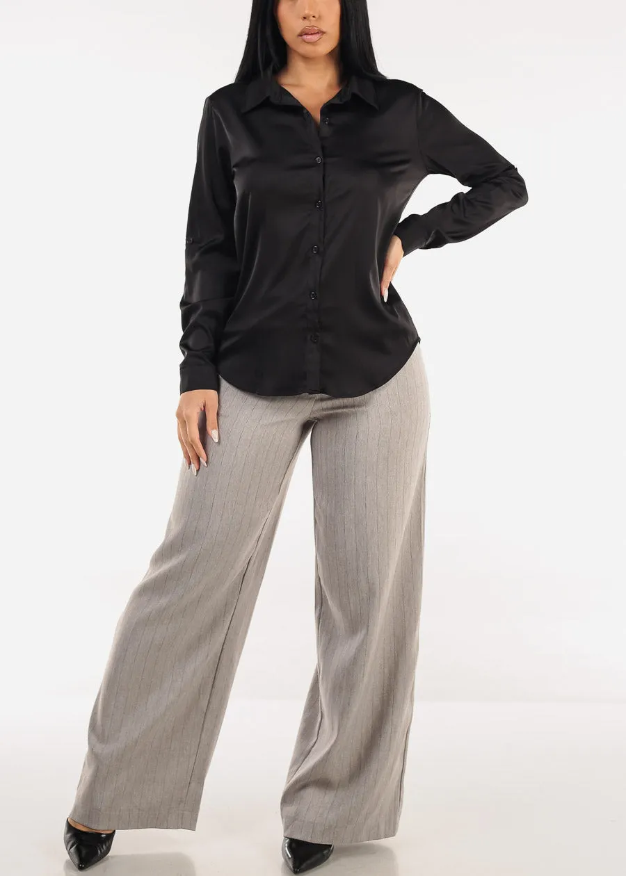 Long Sleeve Button Down Stretch Satin Blouse Black sold by Moda product image thumbnail 2