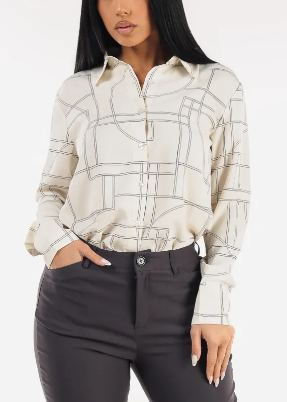 Long Sleeve Button Up Printed Collared Blouse Cream sold by Moda