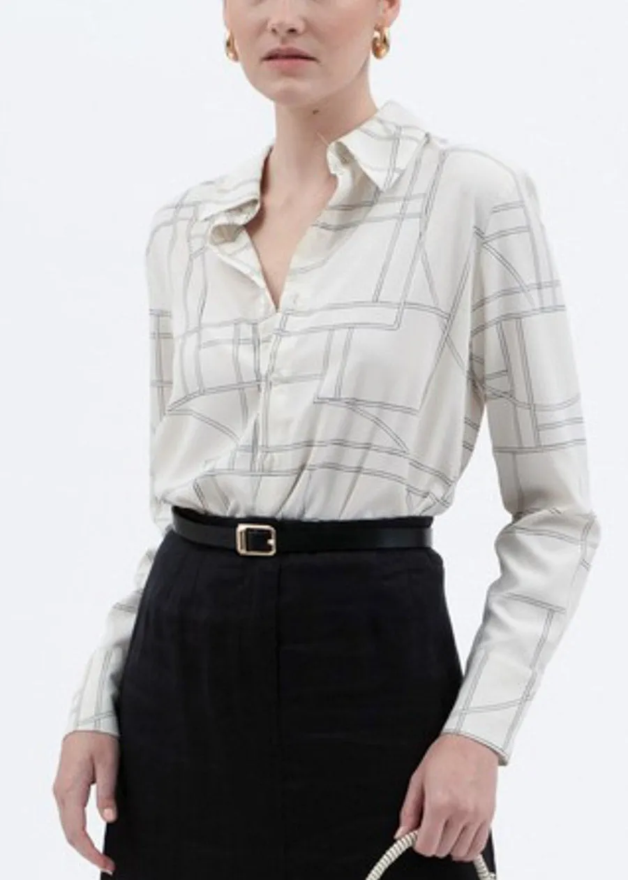 Long Sleeve Button Up Printed Collared Blouse Cream sold by Moda product image thumbnail 5