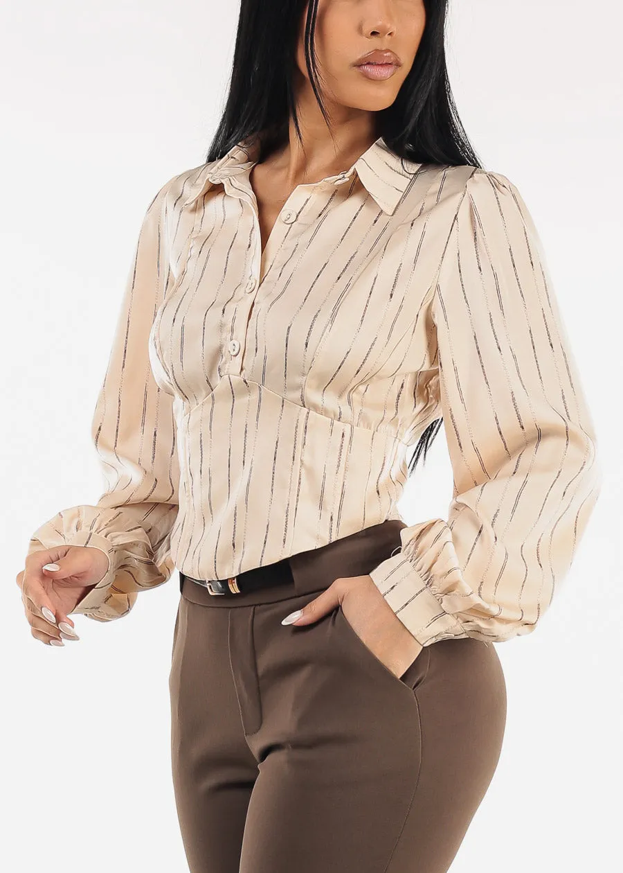 Long Sleeve Printed Corset Style Blouse Beige sold by Moda