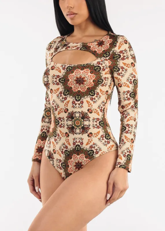 Long Sleeve Floral Stretch Thong Bodysuit Khaki sold by Moda
