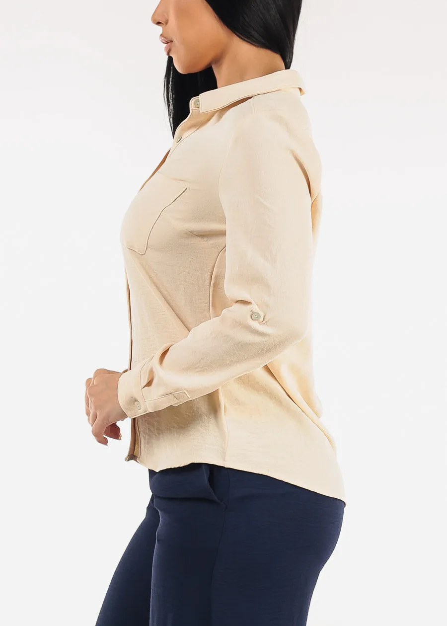 Long Sleeve Button Down Collared Blouse Light Khaki sold by Moda product image thumbnail 4