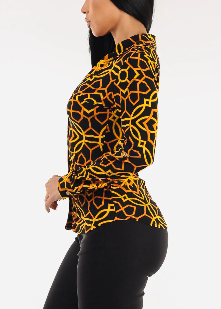 Long Sleeve Button Up Printed Stretch Collared Blouse Black sold by Moda product image thumbnail 3