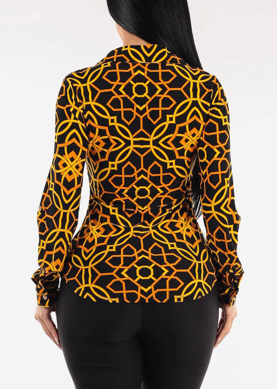 Long Sleeve Button Up Printed Stretch Collared Blouse Black sold by Moda product image thumbnail 4