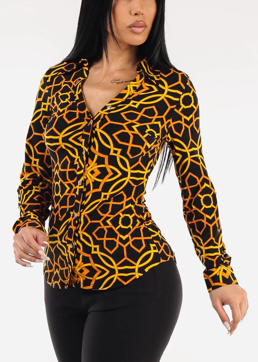 Long Sleeve Button Up Printed Stretch Collared Blouse Black sold by Moda
