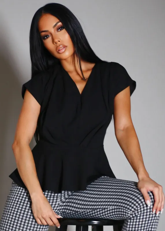 Short Sleeve Pleated Peplum Blouse Black sold by Moda