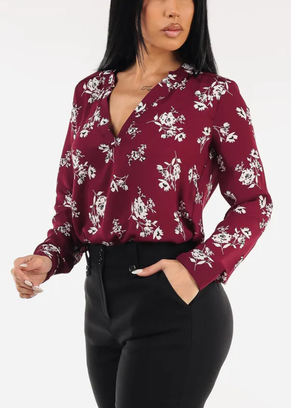 Long Sleeve Vneck Floral Blouse Burgundy sold by Moda