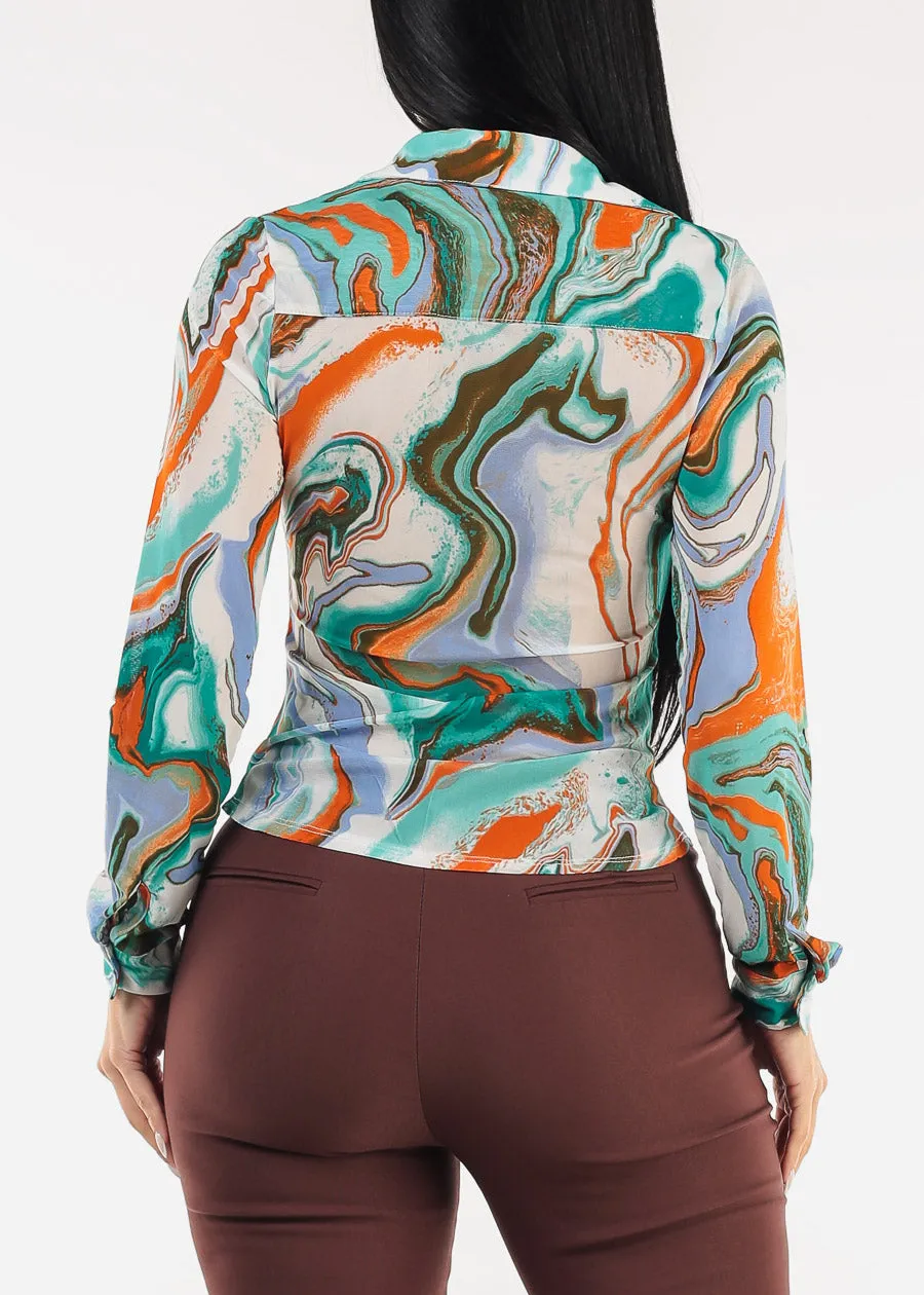 Ruched Long Sleeve Button Up Printed Mesh Blouse Teal sold by Moda product image thumbnail 4
