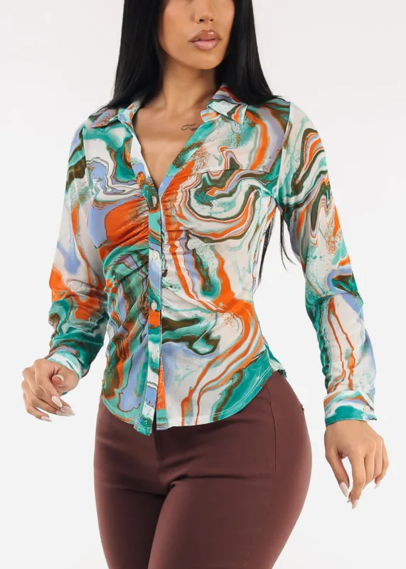 Ruched Long Sleeve Button Up Printed Mesh Blouse Teal sold by Moda