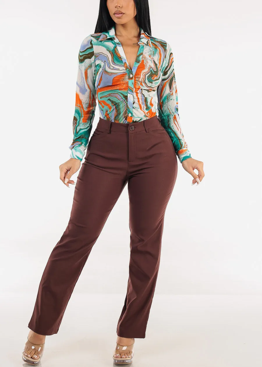 Ruched Long Sleeve Button Up Printed Mesh Blouse Teal sold by Moda product image thumbnail 2