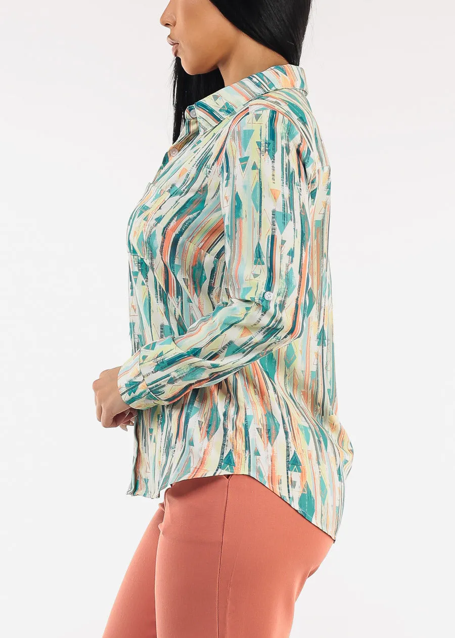Long Sleeve Printed Button Down Blouse Green sold by Moda product image thumbnail 3