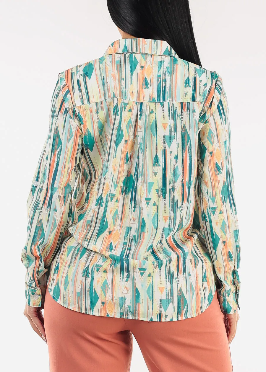 Long Sleeve Printed Button Down Blouse Green sold by Moda product image thumbnail 4
