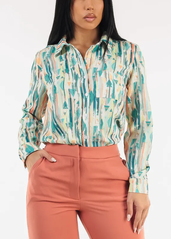 Long Sleeve Printed Button Down Blouse Green sold by Moda