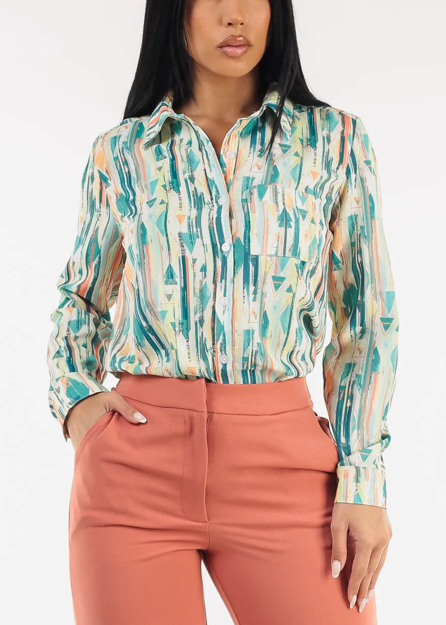 Long Sleeve Printed Button Down Blouse Green sold by Moda