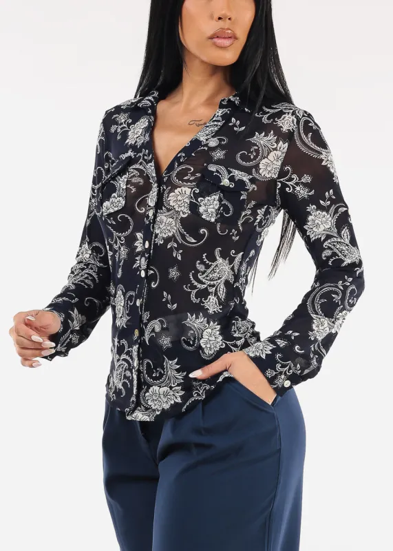 Long Sleeve Button Up Floral Mesh Blouse Navy sold by Moda