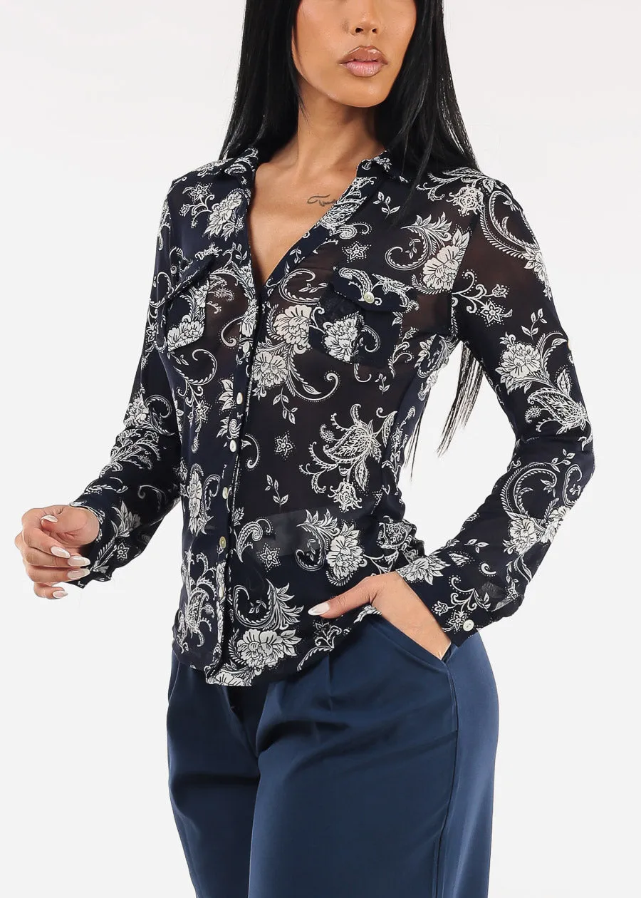 Long Sleeve Button Up Floral Mesh Blouse Navy sold by Moda