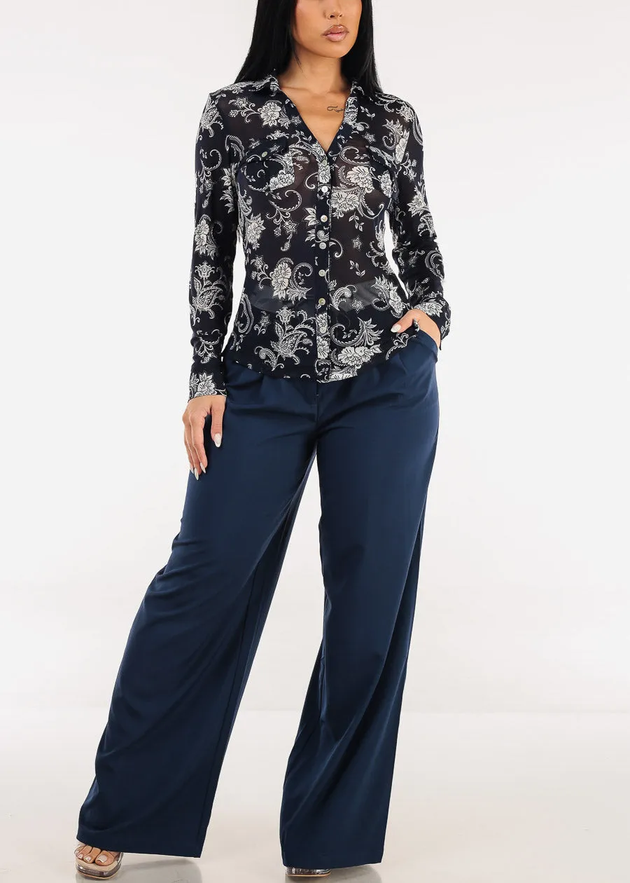 Long Sleeve Button Up Floral Mesh Blouse Navy sold by Moda product image thumbnail 2