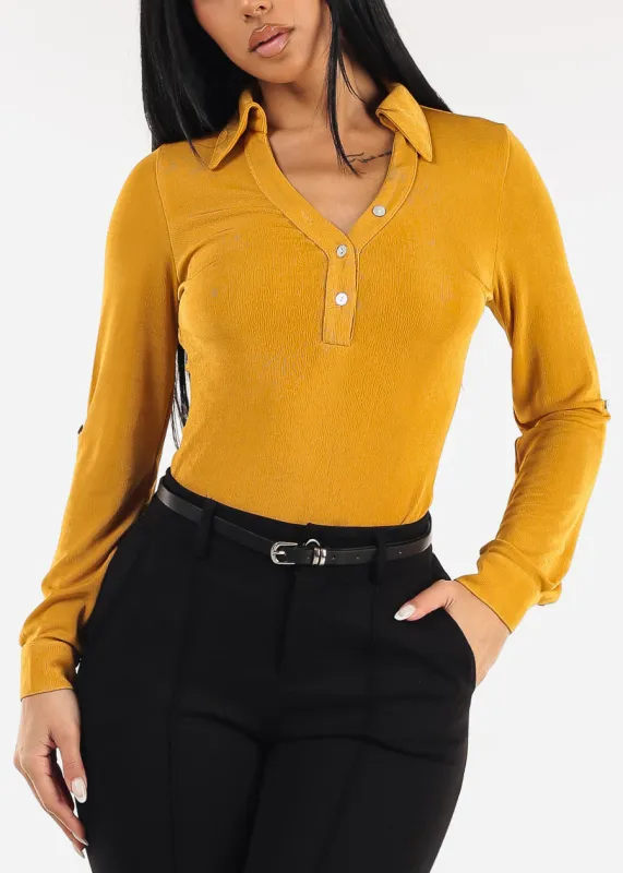 Stretchy Long Sleeve Half Button Up Blouse Mustard sold by Moda