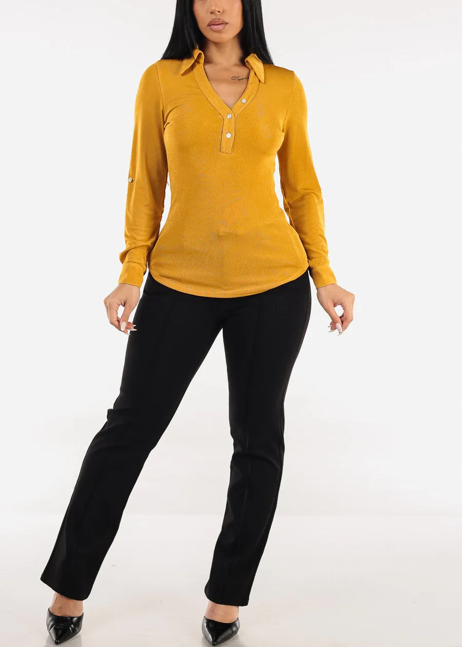 Stretchy Long Sleeve Half Button Up Blouse Mustard sold by Moda product image thumbnail 2