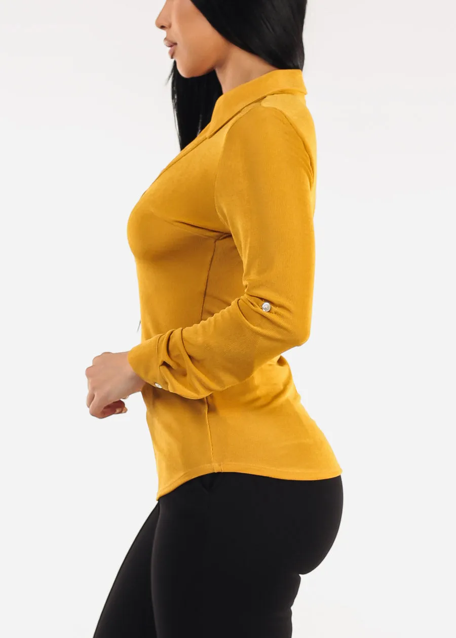 Stretchy Long Sleeve Half Button Up Blouse Mustard sold by Moda product image thumbnail 3