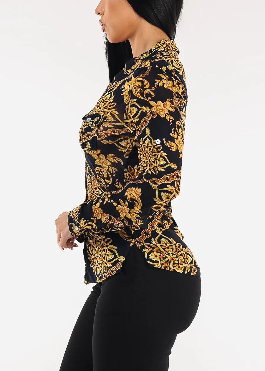 Long Sleeve Button Up Printed Mesh Blouse Navy sold by Moda product image thumbnail 3