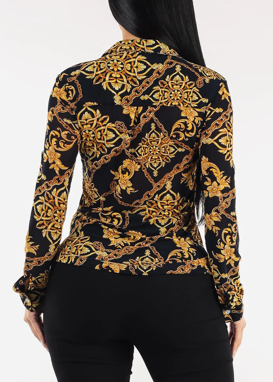 Long Sleeve Button Up Printed Mesh Blouse Navy sold by Moda product image thumbnail 4